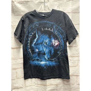 Vintage 1990s Wolf Pack‎ Arctic Runes Mens Medium Black Graphic Tee T Shirt 90s